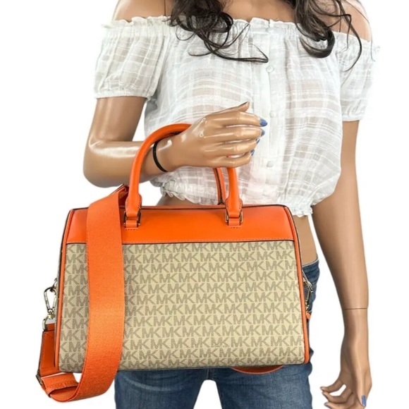 Michael Kors MK Jet Set Travel Medium Duffle Bag Satchel Poppy Orange Sand MK - Picture 2 of 14